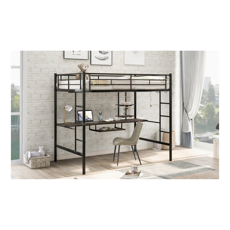 Lit mezzanine avec bureau et tablette, modèle compact, noir