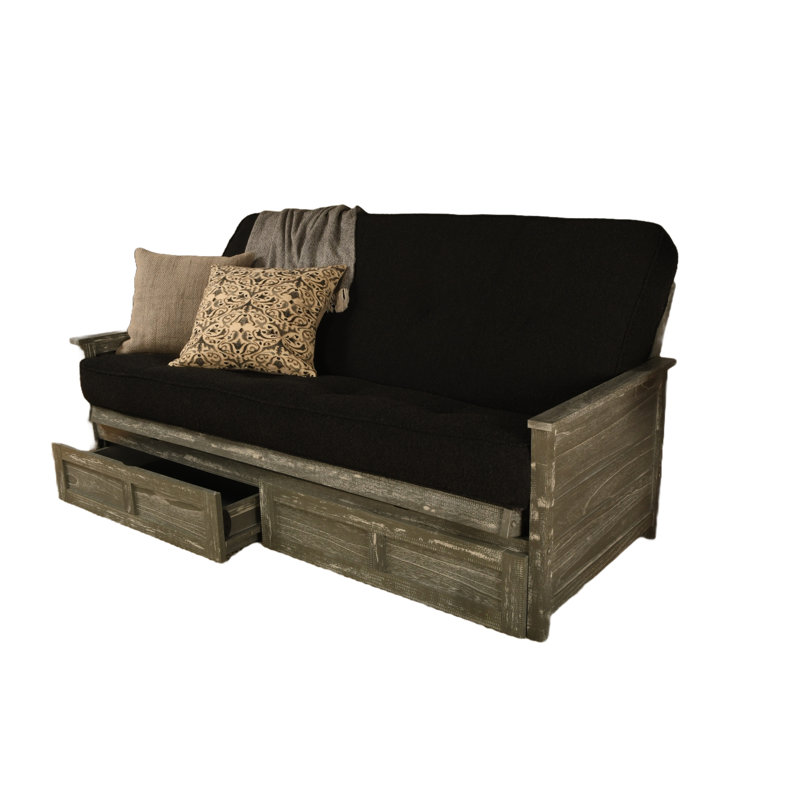 Futon double avec matelas avec rangement Emmiliano, Gris patiné, Canton Black 100% Polyester