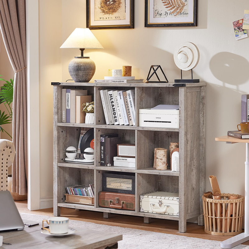 9 Cube Bookcase, Farmhouse 47 Inch Wide Grey Oak Bookshelf, Wooden 3 Tier Display Large Open Book Shelf, Vintage Horizontal Book Case for Home Office, Cubby Storage Cabinet for Living Room