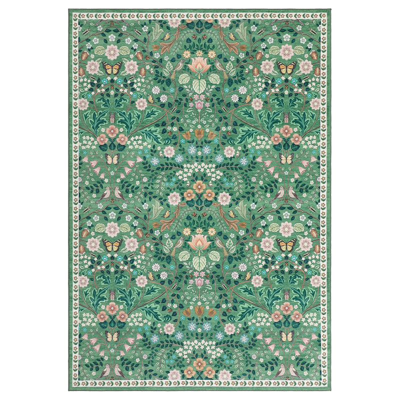 Vintage Floral Area Rug, Non-Slip Washable Low-Pile Botanical Print Stain Resistant Foldable Carpet for Living Room, Bedroom, Kitchen, Hallway