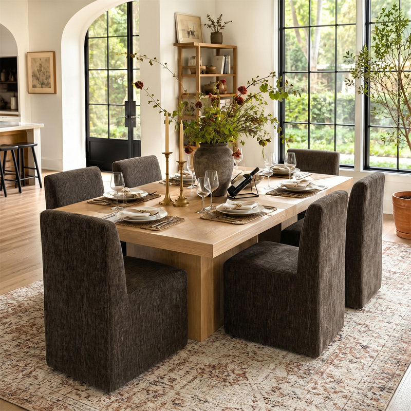 Chaises de salle à manger rembourrées avec roulettes cachées Modern Chenille, Brun, 6