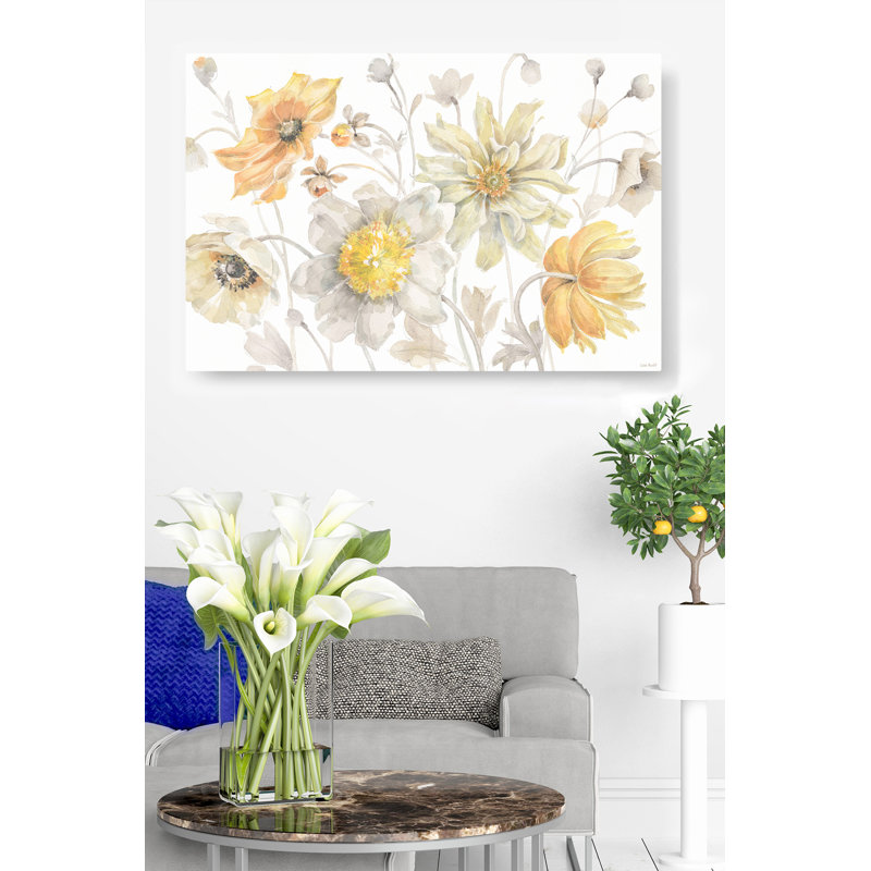 Fleurs sauvages sur fond blanc, coquelicots, aquarelles, jaune, or, H 16 po x l 24 po x P 1,5 po
