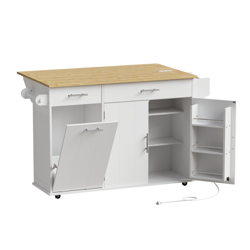 Rolling Kitchen Island With Power Outlet & Drop Leaf, Mobile Kitchen Island Cart With Tilt-Out Trash Can Storage, Spice Rack & Towel Rack And Adjustable Shelf