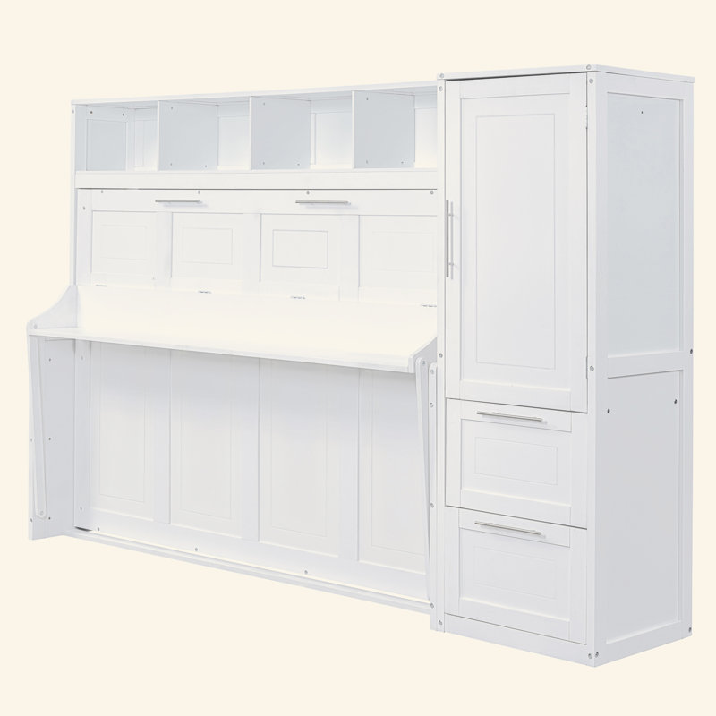 Lit escamotable mural avec placard et tiroirs Murphy, Blanc, Lit double