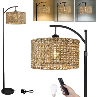 Arc Floor Lamp With Remote Control, Adjustable Height & 3 Color Temperatures, Farmhouse Rattan Wicker Shade, Rustic Standing Lamp For Living Room, Bedroom, Office, Reading