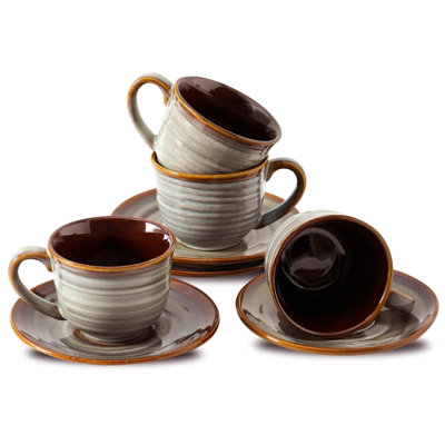 Ceramic Tea Cups and Saucers, 8oz Cappuccino Cups, Espresso Coffee Mugs for Home and Office, Perfect for Coffee, Cappuccino, Latte, Americano, Milk and Tea(Grey Brown/Set of 4)