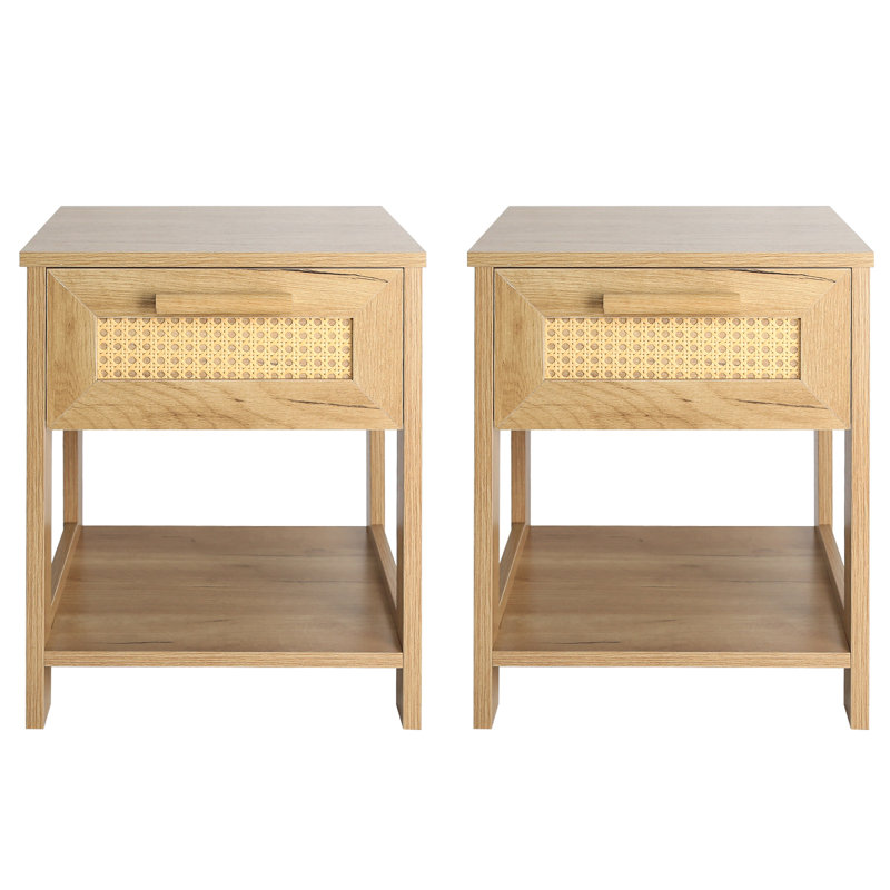 Ensemble de table de bout à 2 tiroirs Glenville 2PC 18,9 po de hauteur, commode en bois avec tablette de rangement ouverte, table de chevet en rotin
