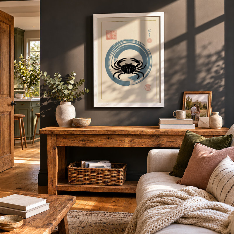 Crab in Circles Japandi - Framed Print, A4 - 29.7 x 21.0 cm, White