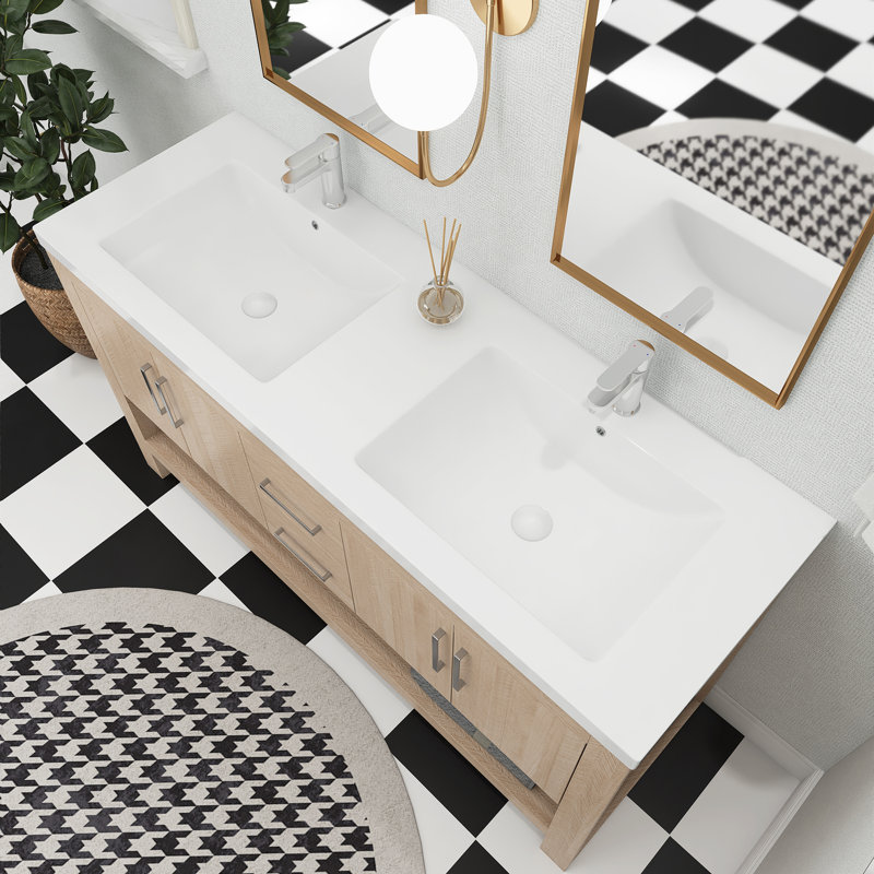60 po L 21,34 po P 35,04 po Meuble-lavabo autoportant H en chêne clair avec double lavabo en acrylique blanc