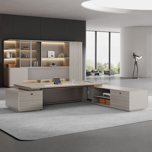 78.74"Modern administrative L shaped grey multi layer solid wood office desk