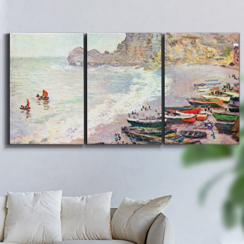 «Beach at Trouville» par Monet - 3 pièces sur toile tendue, H 60 po x l 120 po x P 2 po