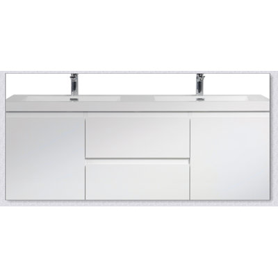 Meuble-lavabo flottant 60 po avec lavabo, meuble-lavabo mural moderne 60 po avec lavabo double en résine et deux tiroirs à fermeture en douceur, brillant 24V11-60DGW