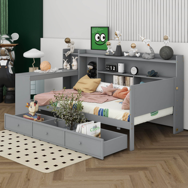 Wooden Daybed With 3 Drawers, USB Ports And Desk, Gray, Twin