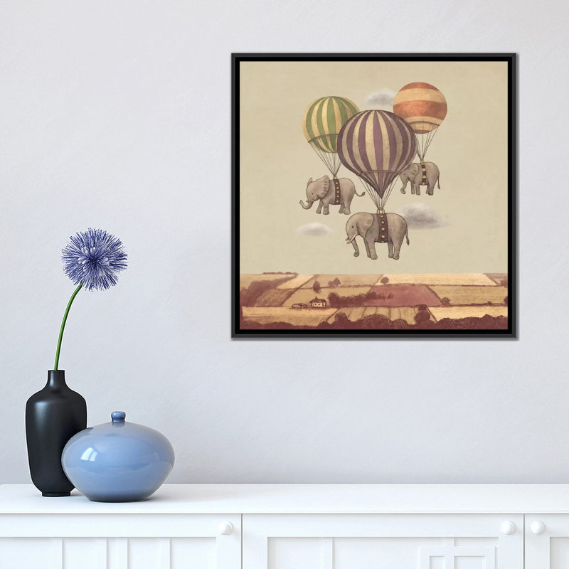 'Flight of the Elephants' on Canvas, 18" H x 18" W x 1.5" D, Black Framed Canvas, No Mat