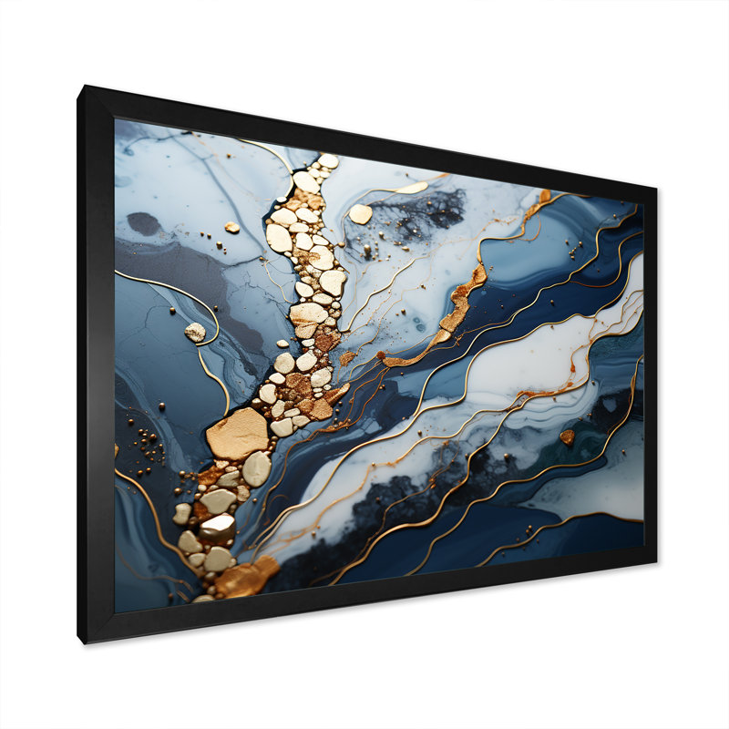 Blue and Gold Marble river II - Abstrait marbré, impressions sur toile, L 24 po x H 32 po x P 1 po, Cadre d'angle fermé noir