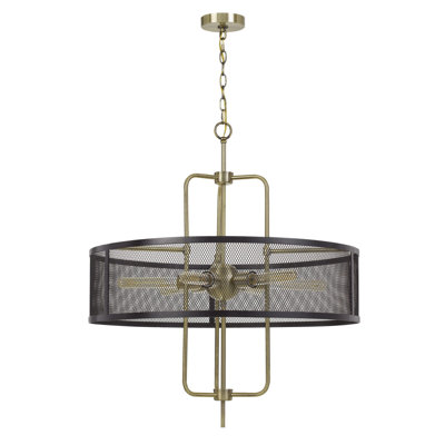 Lustre en métal 6 lumières avec abat-jour en maille Leyde en laiton antique et noir