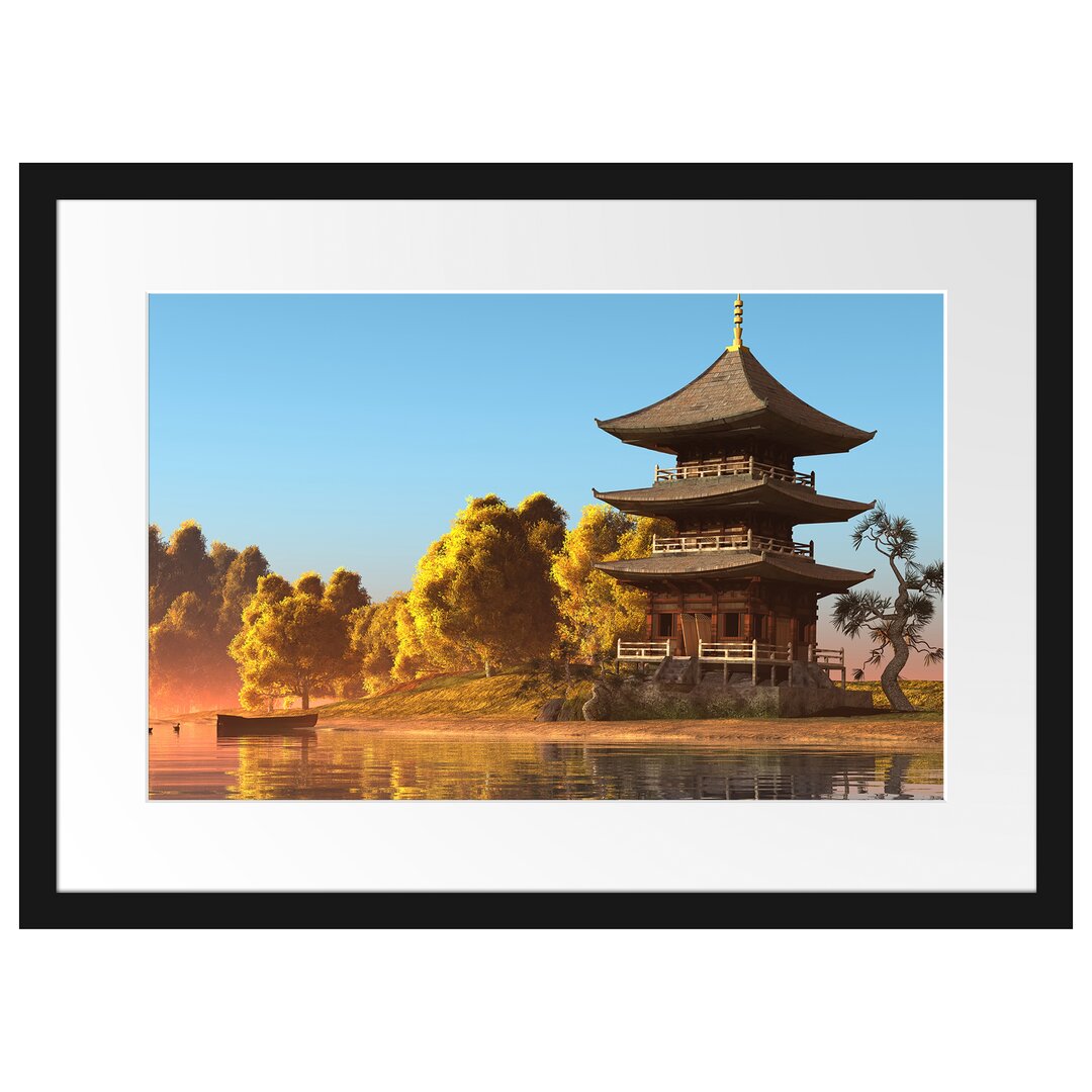 Gerahmtes Poster Asiatischer Tempel an See