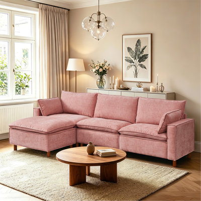 108.5" Modular Sectional L Shape Sofa with Movable Ottoman,Comfy Chenille Fabric Upholstered Couch,Cloud Liked Sofa for Living room,Apartment,Pink