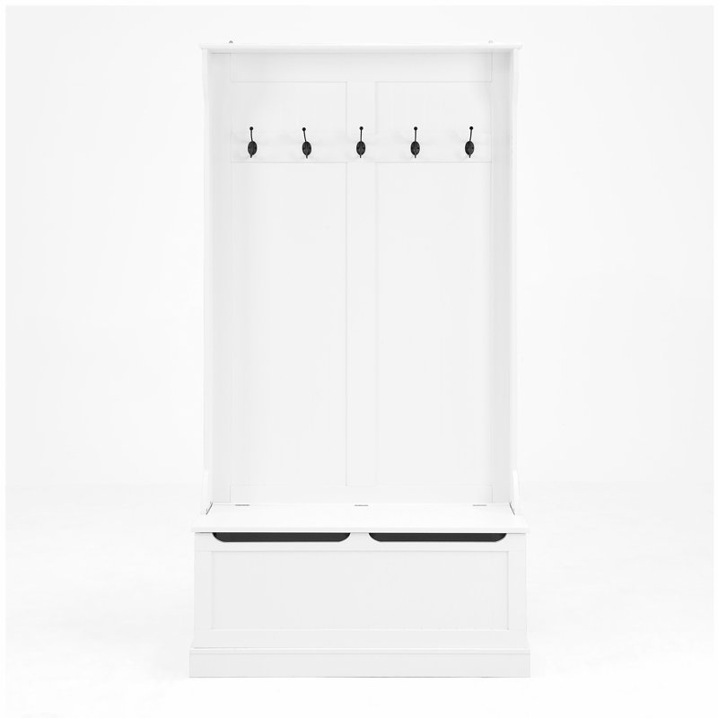 Entryway Bench with Standing Coat Rack, Hall Tree with Shoe Storage Bench, Entryway Organizer with 5 Hooks, White