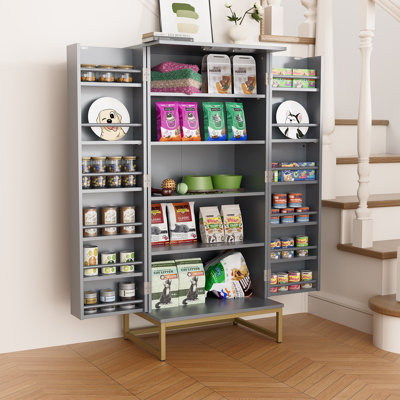 Multifunctional Pet Storage Cabinet, 51.38" Tall Dog & Cat Food Organizer with Adjustable Shelves, Gray Pet Pantry Cabinet with Doors for Food, Toys, Leashes & Supplies