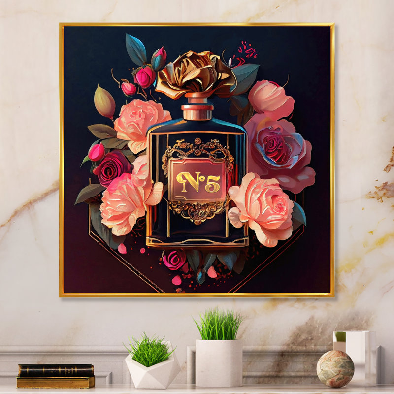 Chic bouteille de parfum avec roses roses II - art mural tendance, H 16 po x l 16 po x P 1 po, Toile avec cadre flottant or