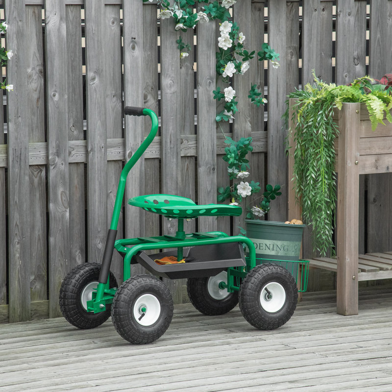 Scooter de jardin, chariot roulant avec plateau, seau, vert et noir