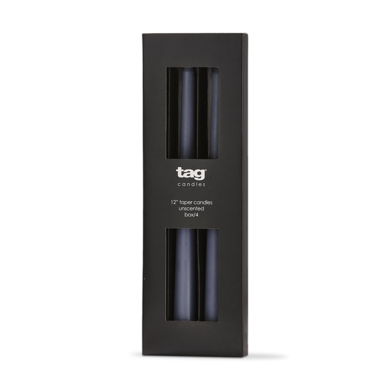 Tin Taper Candle with Holder, Slate Blue