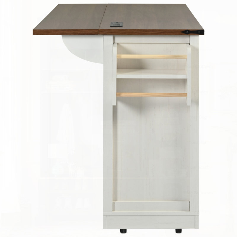 Farmhouse Kitchen Island With Power Outlet And Sliding Barn Doors, Perfect For Extra Storage And Workspace In Any Home, White