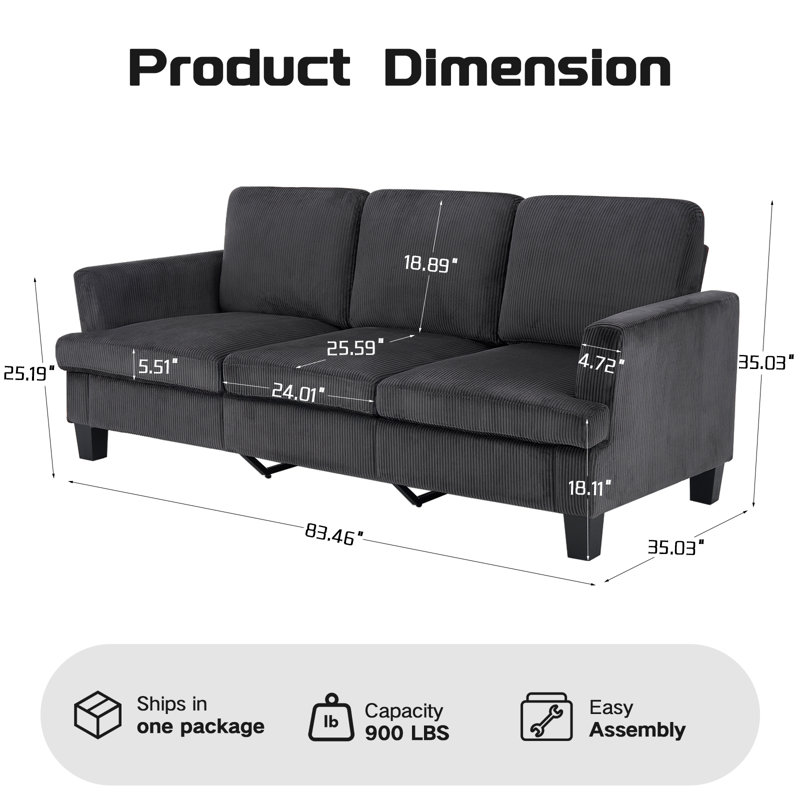 84'' Corduroy Upholstered 3-Seater Sofa Set of 2, Dark Gray Corduroy