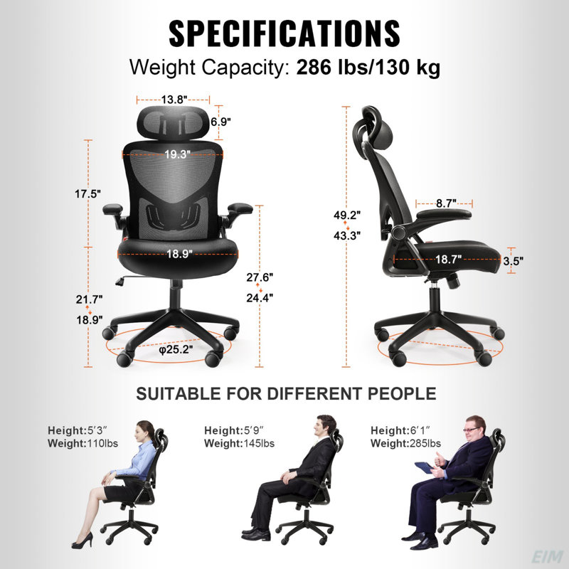 Chaise de bureau avec support lombaire réglable, chaise de bureau ergonomique à haut dossier avec appui-tête réglable, dossier de chaise de bureau ergonomique avec accoudoirs en deux dimensions, chaise d'ordinateur