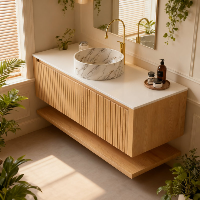 HIZON 48" Floating Bathroom Vanities With Vessel Sink,Fluted Bathroom Cabinet With Drawers And Open Shelf, Round