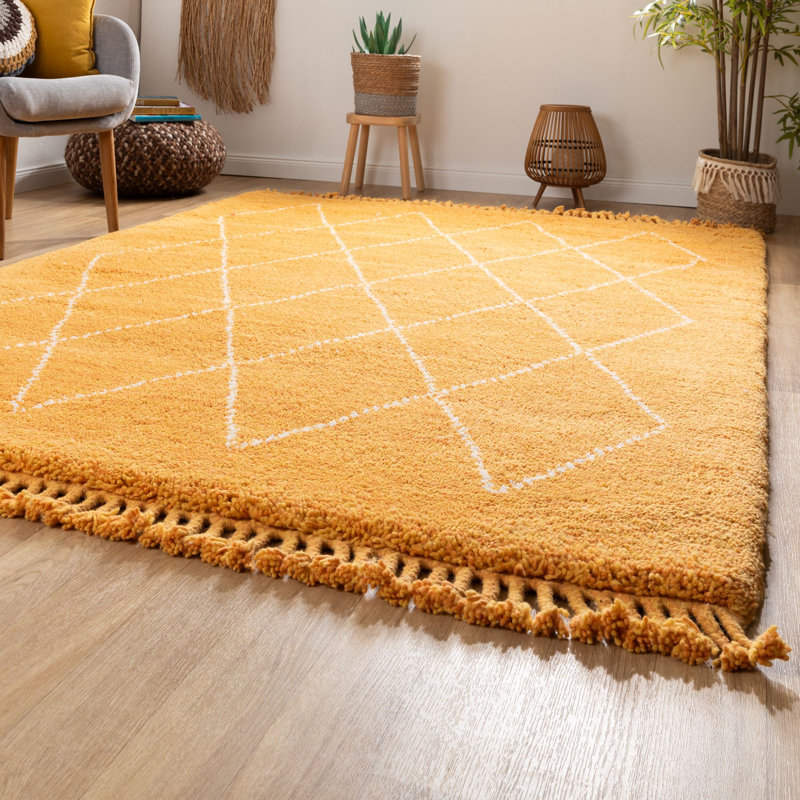 Ogan Moroccan Wool Hand Knotted Area Rug, Rectangle 140 x 200cm, Yellow