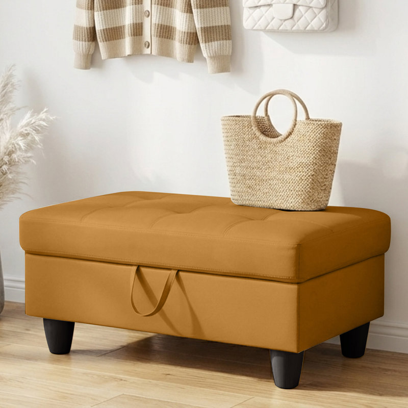 Rectangular Storage Ottoman Bench With Hinged Lid, Faux Leather Footrest For Living Room, Bedroom, Entryway, Orange, 35"X23.5"X17.5"