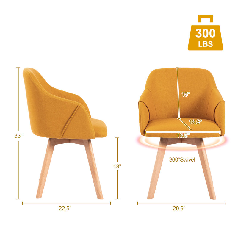 Yellow Linen Upholstered Swivel Dining Chairs with Beech Wood Legs, Set of 2