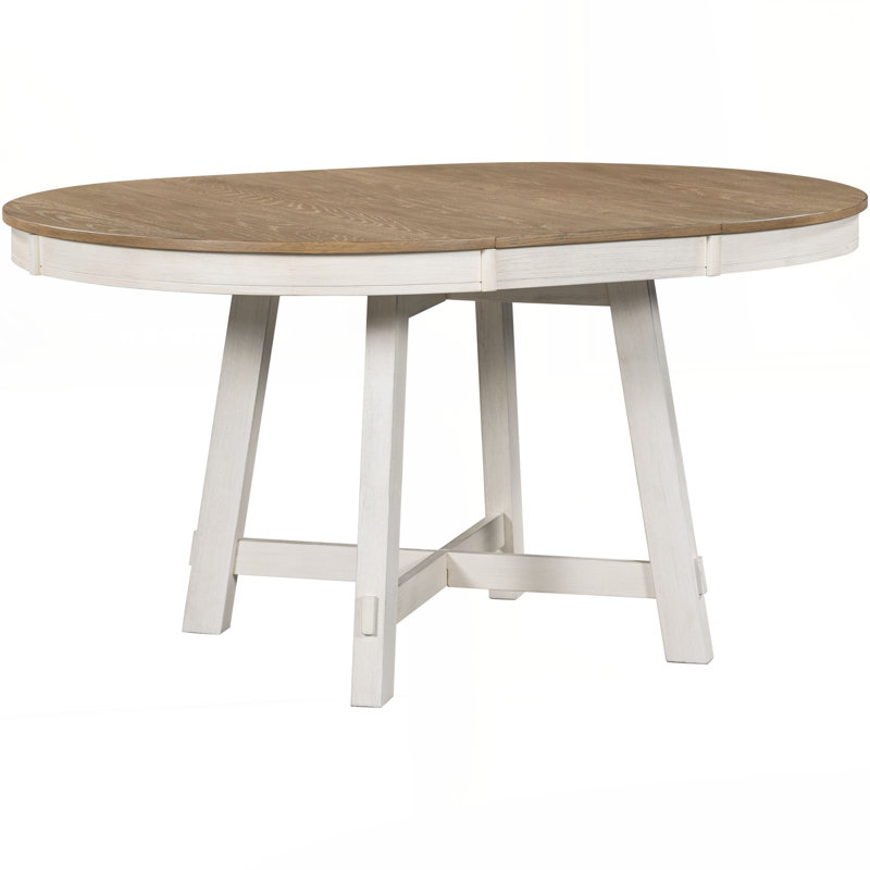 Table de salle à manger à rallonge en bois Trexm Farmhouse, Bois de chêne naturel, Blanc antique