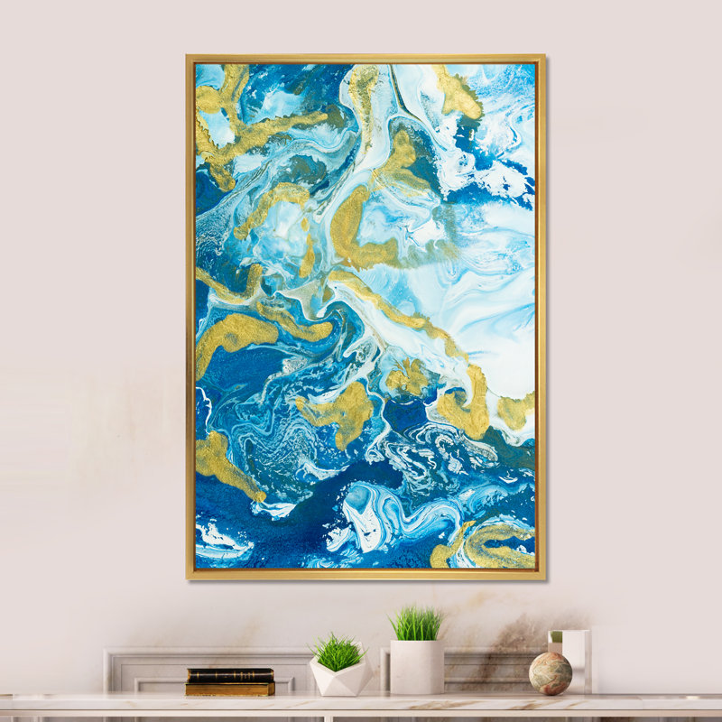 Marbre classique bleu et or, H 20 po x l 12 po, Toile encadrée flottante dorée