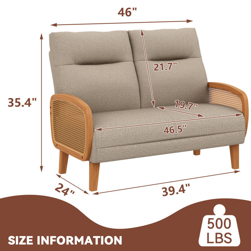 46.5" Upholstered Loveseat Sofa With Rattan Arms, Taupe