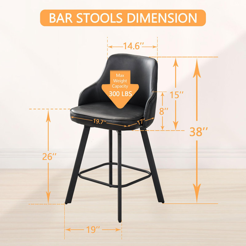 Bar Stools Set of 2/3/4, 26/30" Swivel High Back Bar Height Bar Stools, Counter Stool (26" Seat Height), Black, 2