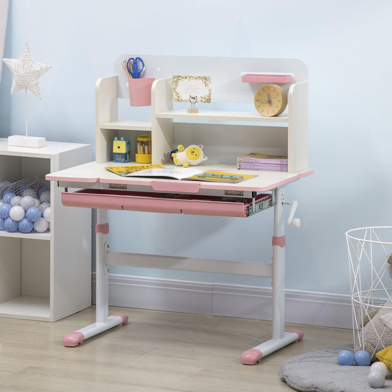 Wooden Kids Study Desk, Height Adjustable Children School Study Table, Student Writing Desk With Tilt Desktop, Drawer, Storage Shelf, Pen Holder, Pink