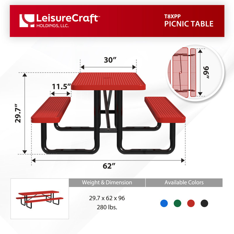 Leisure Craft Standard Outdoor Picnic Table, Red, 96" W