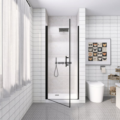 Porte de douche pivotante noire mat demi-cadre, 32 x 72 pouces, verre trempé de 6 mm avec film antidéflagrant