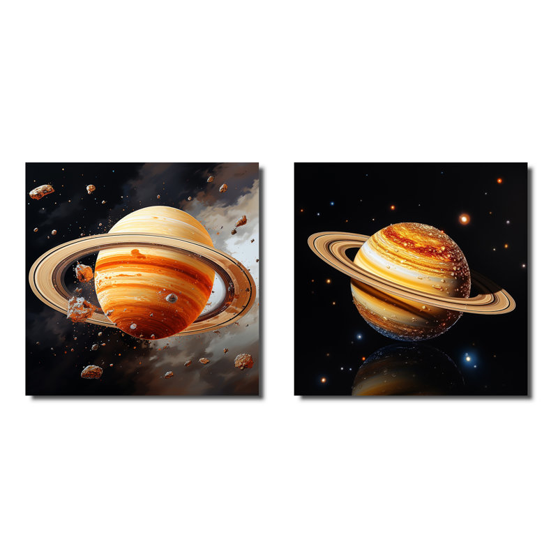 Planète Saturn Cosmic Universe I - ensemble de 2 décorations murales planètes, Toile tendue, H 16 po x l 33 po x P 1 po