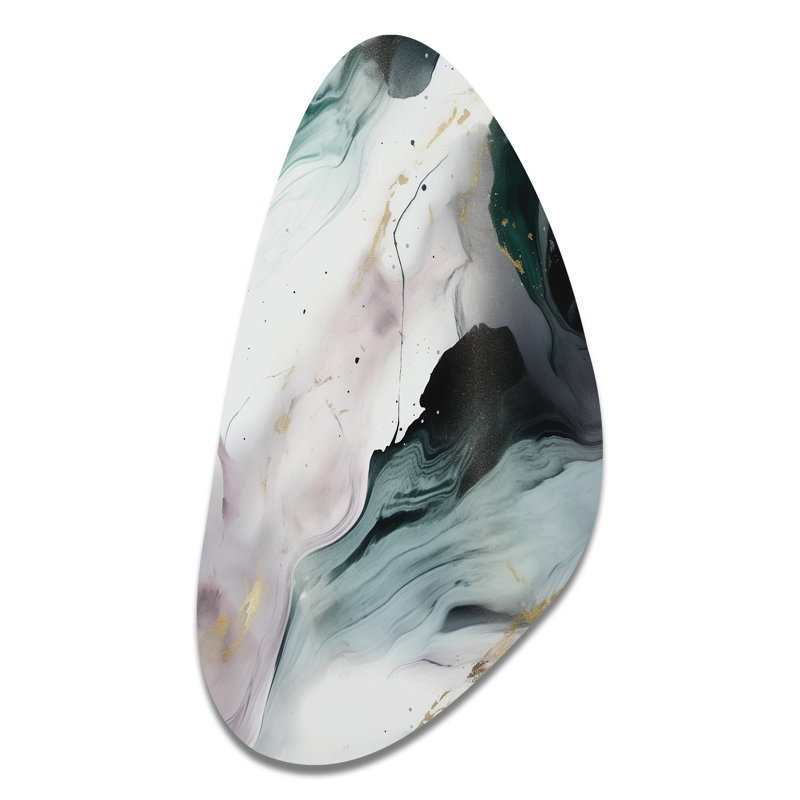 Green And White Contemplative Abstraction II - Asymmetrical Abstract Marble Metal Wall Decor, Irregular Shape Metal Wall Sculpture Print