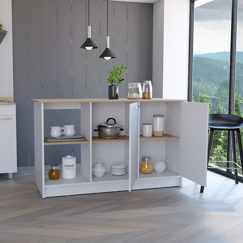 Kitchen Island, Four Open Shelves, Two Cabinets, White/Natural