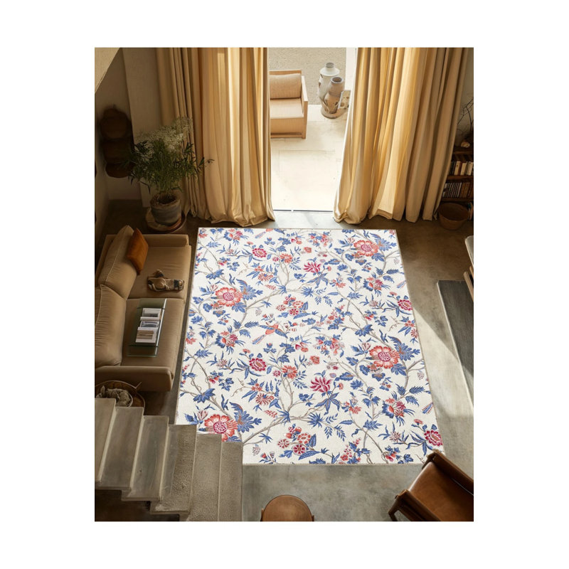 Blue Red Themed Ivy And Flower Patterned Modern Decorative Carpet, Rectangle 4' x 5'11"