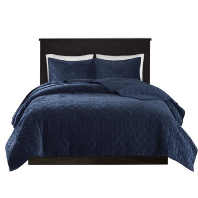 Élégante courtepointe en velours bleu marine pour très grand / très grand lit - 3 pièces, géométrique, chaude et rembourrée de coton