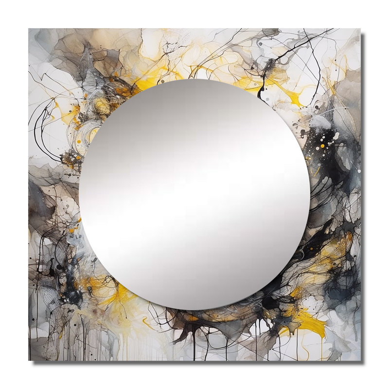 Bolanle - Yellow Grey Marble Symphony II Abstract Square Mirror For Wall Art Decor, 23" x 23"