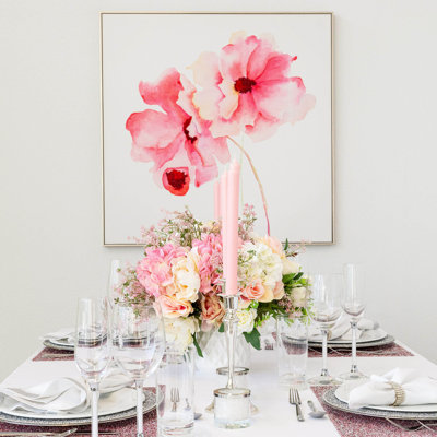 «Sparkles Home Pink Flowers», art mural sur toile | Strass 3D peint à la main cadre doré argenté