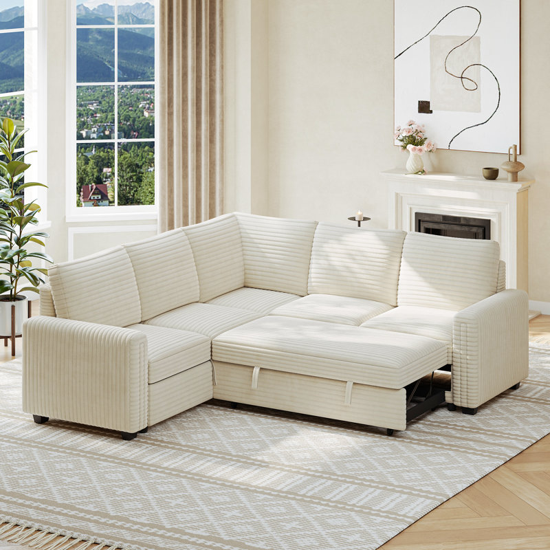 88 "corduroy L-shaped Sofa With Storage Can Be Converted Into A Sofa Bed, Beige Corduroy