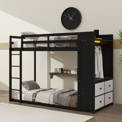 Twin Bunk Bed With 4 Drawers For Storage, Hanging Rod, Light Strip, Built-In Shelves & Two Breathable Panels
